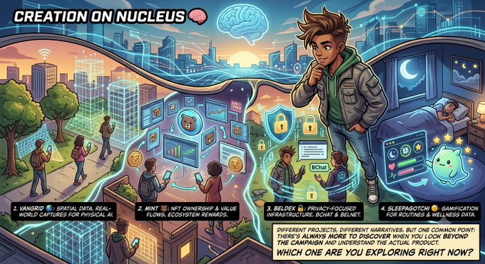 An illustration titled 'CREATION ON NUCLEUS' depicting four AI/crypto projects: Vangrid, Mint.io, Beldex, and Sleepagotchi, with a cartoon character and cityscape background.