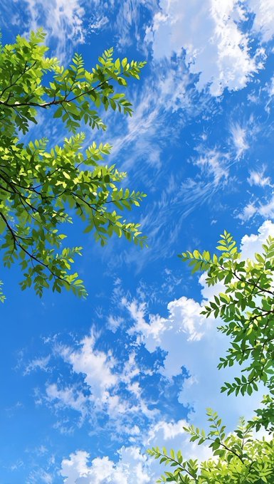 A bright photograph looking up at fresh green tree branches against a vivid blue sky with wispy white clouds.