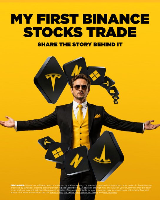 The image is a Binance promotional graphic featuring a man in a yellow vest and sunglasses surrounded by app icons with logos (Tesla, Microsoft, N, and others), headlined "MY FIRST BINANCE STOCKS TRADE — SHARE THE STORY BEHIND IT," which celebrates winners of a Binance Stocks trading contest by tying into their first stock trading experience on the platform.
