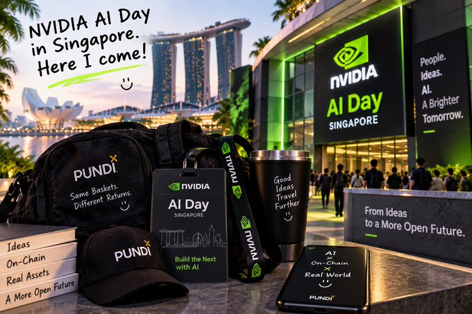 A promotional image for NVIDIA AI Day in Singapore features Pundi merchandise including a backpack, cap, tumbler, lanyard, and phone case, set against the Marina Bay Sands backdrop.