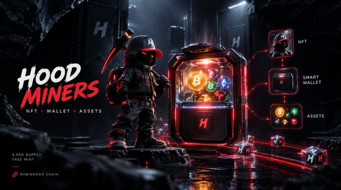 Promotional banner for 'HOOD MINERS' NFT collection featuring a hooded figure holding a pickaxe next to a glowing vault of cryptocurrencies. Text reads 'NFT + WALLET + ASSETS', '5,000 SUPPLY FREE MINT', and 'ROBINHOOD CHAIN'.