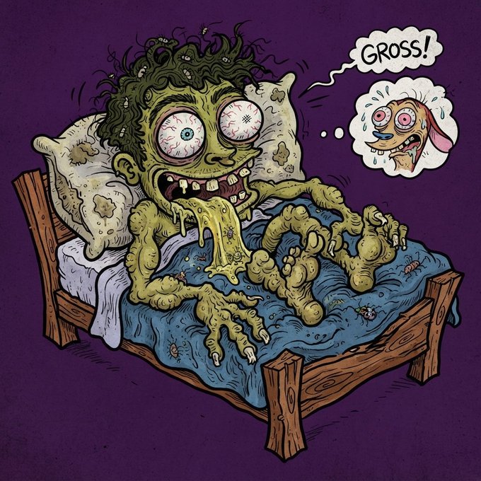 A cartoon illustration of a sick, green, bug-infested creature lying in a wooden bed while another character thinks "GROSS!".