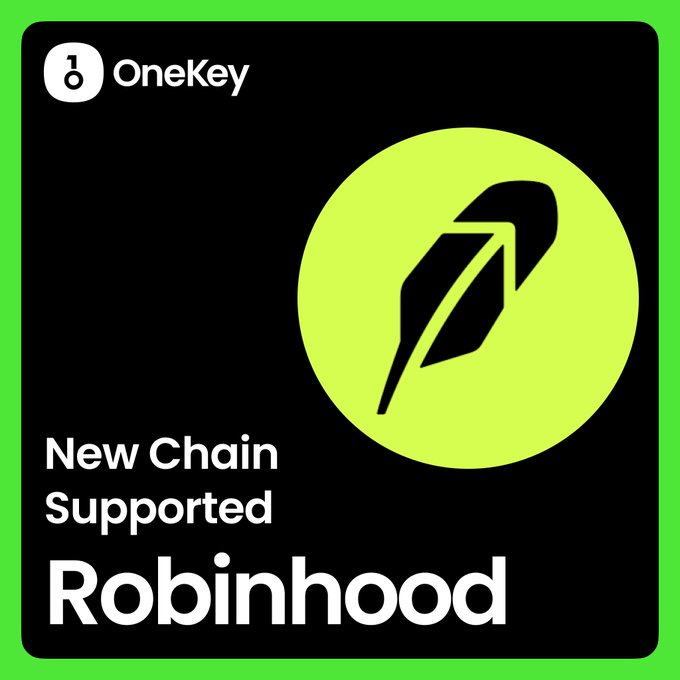 A OneKey promotional graphic announcing 'New Chain Supported: Robinhood' with a feather/quill logo on a green and black background.