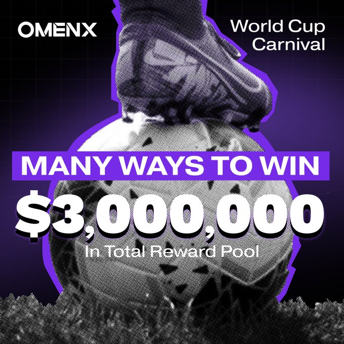 Promotional graphic for OMENX World Cup Carnival featuring a soccer cleat on a ball, advertising 'MANY WAYS TO WIN $3,000,000 In Total Reward Pool'.