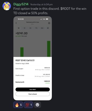 The image shows a Discord message from user "Diggy5214" announcing their first successful options trade on the platform, resulting in a $741 profit on $RDDT with a closed 50% profit. The screenshot displays a Robinhood app showing a "RODT $140 Call 6/21" position that expired worth $1,282.00, validating the promotional post's claim of members winning consistently through their trading service.