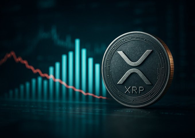 A physical XRP coin sits prominently in the foreground with a red downward-trending line and cyan bar chart blurred behind it, visually representing the divergence between declining price action and rising on-chain metrics referenced in the post.