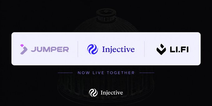 A promotional banner showing 'JUMPER', 'Injective', and 'LI.FI' logos together with text reading 'NOW LIVE TOGETHER'.