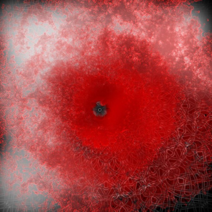 An abstract digital artwork featuring a swirling red and dark vortex with intricate, lace-like patterns radiating outward from a small dark center against a misty gray background.