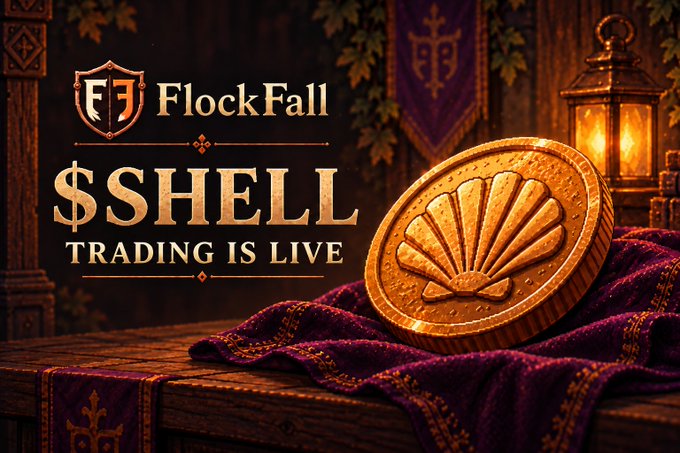 The image is a promotional graphic for FlockFall featuring the text "$SHELL TRADING IS LIVE" alongside a large golden coin with a shell design, displayed on a burgundy cloth with a medieval-style lantern in the background. The graphic celebrates the launch of the $SHELL token on Robinhood Crypto, aligning with the post's highlight of $SHELL as a new play-to-earn token joining ecosystems like AVAX's DFK ($JEWEL) and SOL's $KINS.