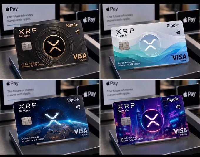 A collage of four XRP by Ripple Visa Infinite debit cards in different designs (black, blue, Earth-themed, and neon cityscape), displayed on payment terminals with Apple Pay signage reading "The future of money moves with ripple." The image visually supports the post by showcasing a tangible real-world product tied to XRP, illustrating how clearer crypto regulation could help expand adoption of Ripple-powered payment solutions.