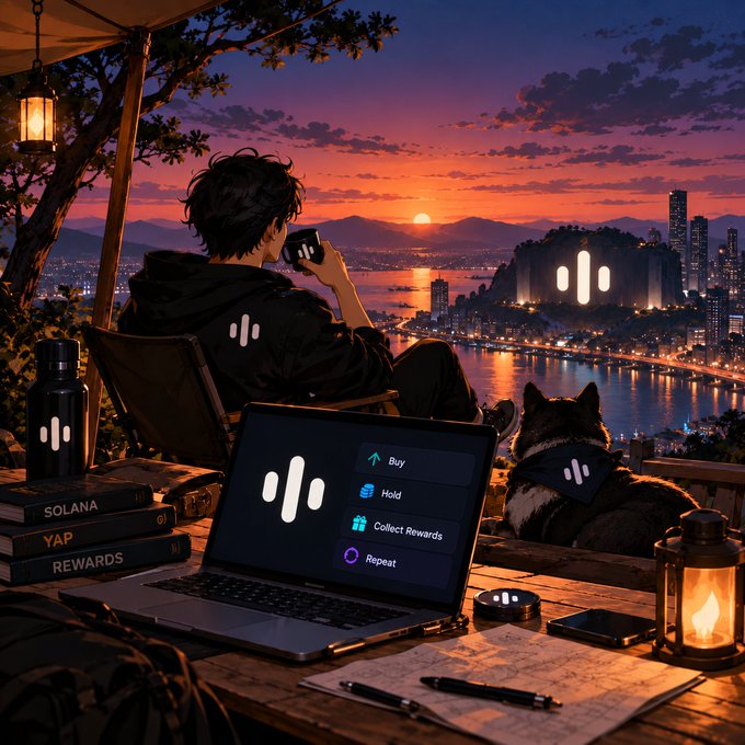 An illustrated scene shows a person in a black hoodie sitting at a desk with a laptop displaying options 'Buy', 'Hold', 'Collect Rewards', and 'Repeat', drinking from a mug while overlooking a city sunset, accompanied by a dog wearing a bandana with logos and books labeled 'SOLANA', 'YAP', and 'REWARDS'.