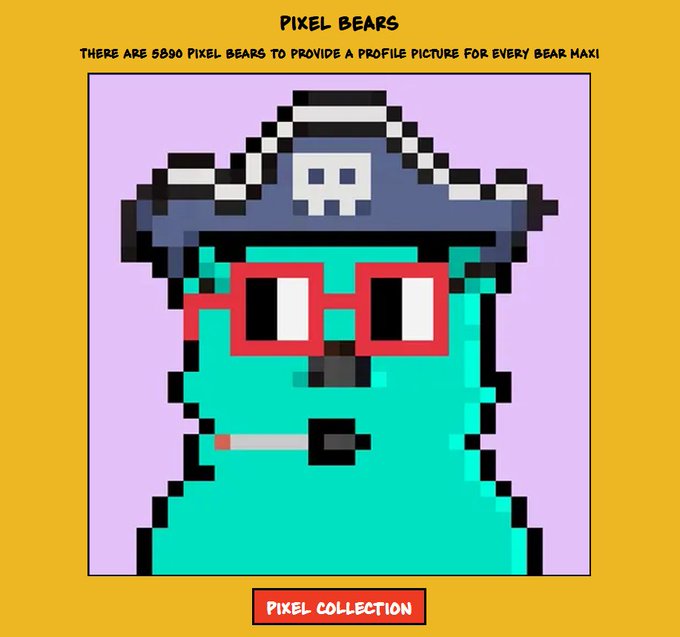 Pixel art of a teal bear wearing a pirate hat and red sunglasses smoking a cigarette, titled 'PIXEL BEARS' with text stating 'THERE ARE 5890 PIXEL BEARS TO PROVIDE A PROFILE PICTURE FOR EVERY BEAR MAXI'.
