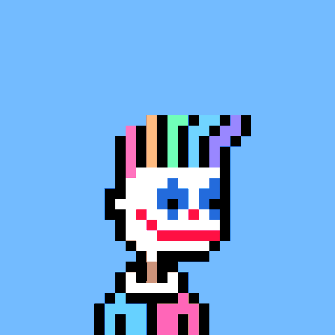 A pixel art character with rainbow-colored hair, blue eyes, and a smiling face appears against a solid blue background.
