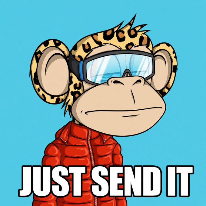 An NFT-style cartoon illustration of a leopard-print monkey wearing goggles and a red puffer jacket with the text "JUST SEND IT" below.
