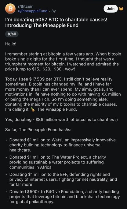 A Reddit post from user "PineappleFund" on r/Bitcoin announces the donation of 5,057 BTC (~$86 million at the time) to charitable causes through The Pineapple Fund, with $1 million already contributed to organizations like Watsi, The Water Project, the EFF, and $500k to BitGive Foundation.
