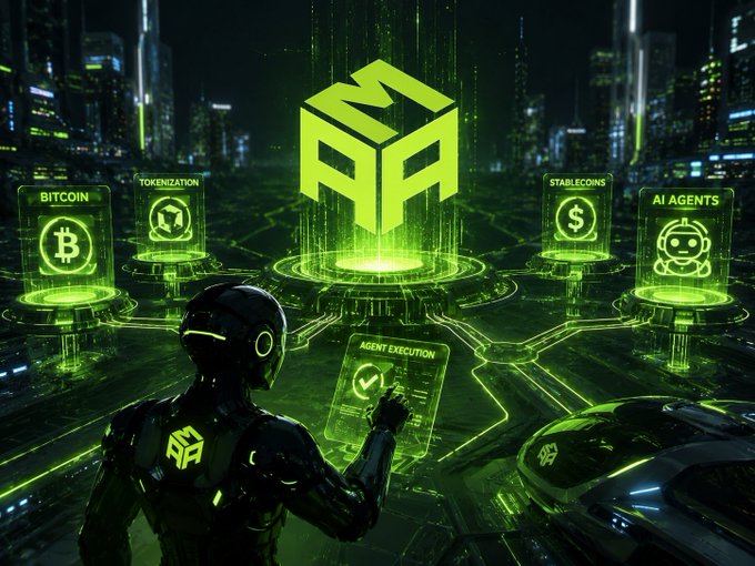 A futuristic cityscape bathed in neon green features a humanoid robot interacting with holographic panels labeled "BITCOIN," "TOKENIZATION," "AGENT EXECUTION," "STABLECOINS," and "AI AGENTS," all centered around a glowing green logo. The scene visually reinforces the post's argument that AI agents will increasingly manage critical financial rails, requiring privacy, deterministic execution, and verifiable outcomes as foundational infrastructure.