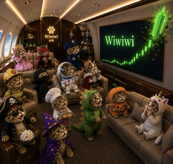 A group of costumed kittens gather inside a luxury "Wiwiwi Air" jet cabin watching a screen display the ticker "$wiwiwi" with a surging green candlestick chart, visually reinforcing the post's joke that the meme-stock's rally has broken through any chart limits.