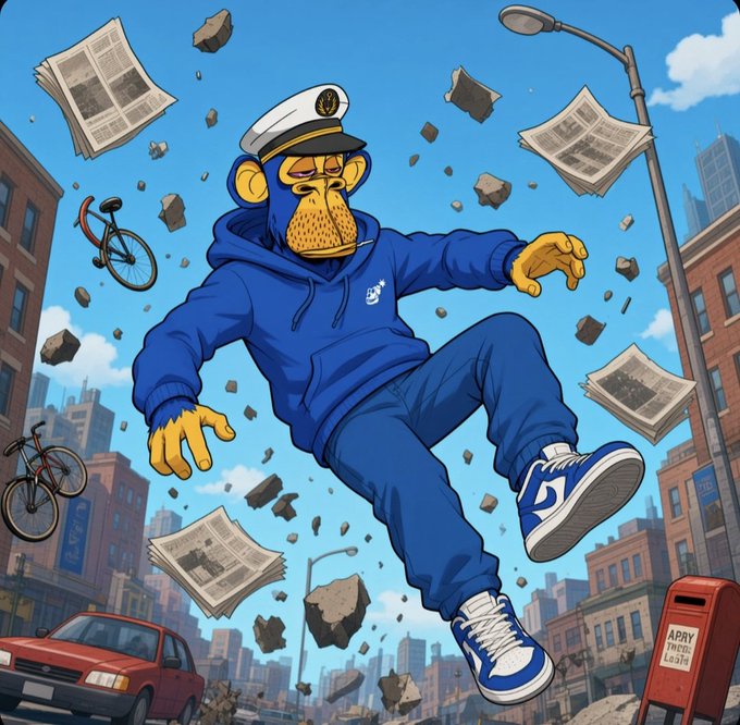 A cartoon illustration of a Bored Ape-style character in blue tracksuit and captain's hat appearing to cause destruction with flying debris, newspapers, and bicycles in a city street.