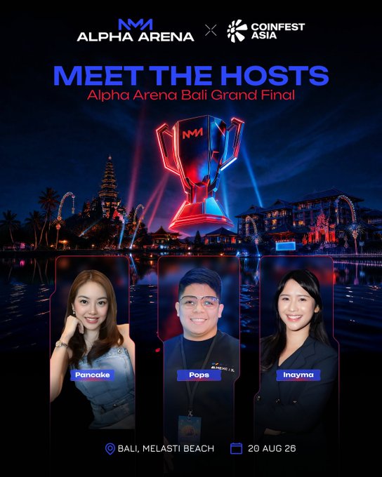Promotional poster for 'MM Alpha Arena x Coinfest Asia: Meet the Hosts - Alpha Arena Bali Grand Final' featuring hosts Pancake, Pops, and Inayma, taking place at Bali, Melasti Beach on 20 Aug 26.
