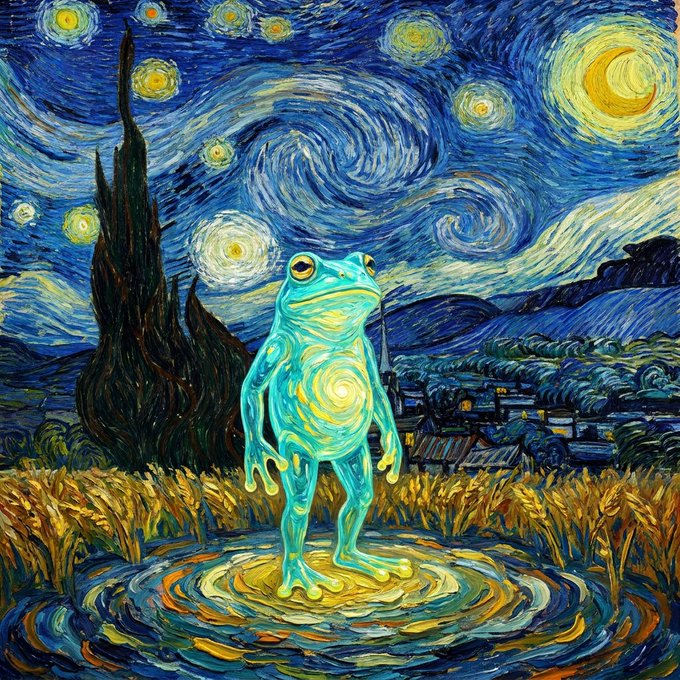 A digital parody of Van Gogh's "Starry Night" featuring a large, glowing blue frog standing in the foreground.
