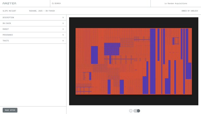 A digital artwork displayed on the Raster platform, featuring the piece "SLIPS #6/1687" by RUDXANE, 2025, on FXHASH. The composition consists of a vibrant abstract pattern with bold red and blue pixelated elements, shown within a viewer interface that includes description, on-chain, market, provenance, and traits categories.
