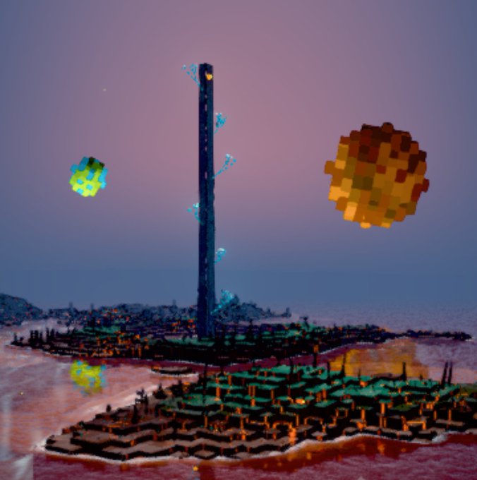 A voxel-style 3D rendering of an alien landscape featuring a tall dark pillar, hexagonal terrain, and floating spherical objects against a dusky purple sky.