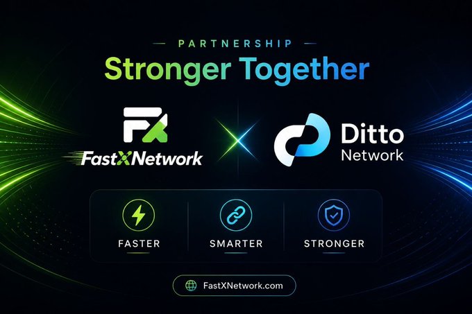 An announcement for a 'Stronger Together' partnership between FastXNetwork and Ditto Network, highlighting benefits of being Faster, Smarter, and Stronger, with website FastXNetwork.com.