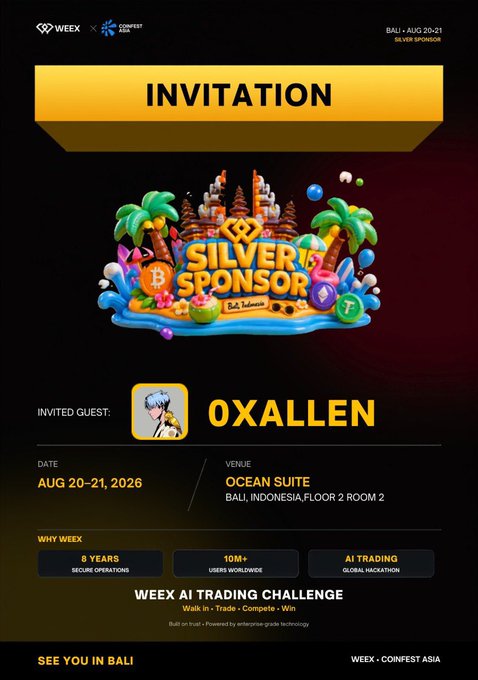 An invitation for 'WEEX × COINFEST ASIA' shows the username '0XALLEN' as the invited guest for the 'WEEX AI TRADING CHALLENGE' held in Bali, Indonesia on Aug 20-21, 2026.