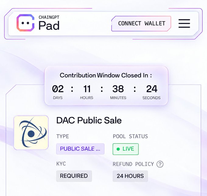 A webpage for 'CHAINGPT Pad' with a countdown timer showing 'Contribution Window Closed In: 02 : 11 : 38 : 24' and details for a 'DAC Public Sale'.