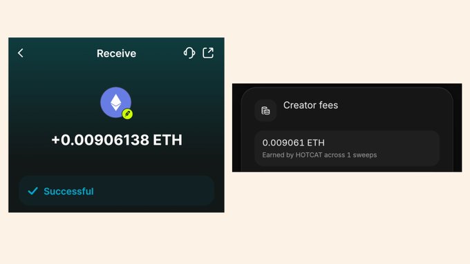 A crypto wallet interface showing a successful receipt of +0.00906138 ETH, alongside a notification showing creator fees of 0.009061 ETH earned by HOTCAT across 1 sweeps.