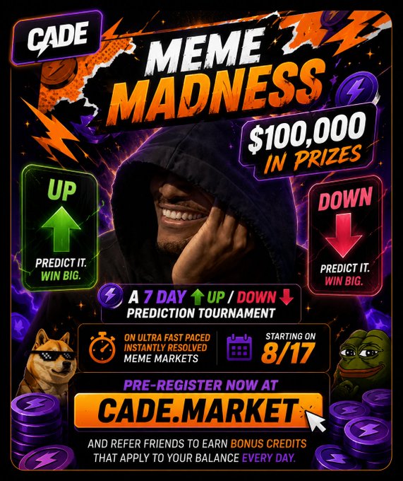 A bold promotional graphic for Cade Market's "Meme Madness" tournament, featuring a smiling hooded figure flanked by green "UP" and red "DOWN" prediction buttons, a $100,000 prize banner, and mascots including a Shiba Inu and Pepe the Frog, with pre-registration info directing users to CADE.MARKET starting 8/17. The accompanying post enthusiastically highlights the 3-day countdown to the free prediction tournament and $100K prize pool, noting the poster was created for $Dealer's Bagworking competition.