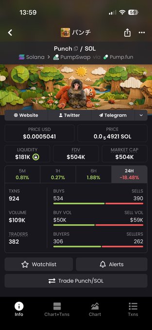 Mobile memecoin tracker screen showing 'Punch / SOL' on the Solana network via PumpSwap and Pump.fun, priced at $0.0005041 with a $504K market cap, $109K volume, and 382 traders.