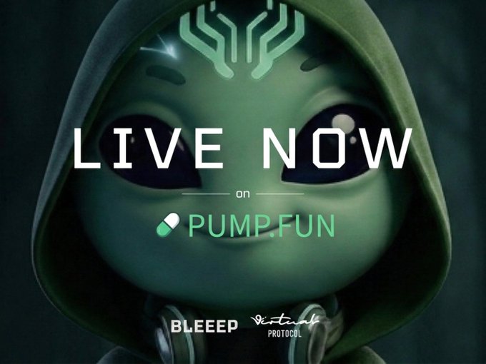 A promotional image for 'BLEEEP PROTOCOL' features a hooded alien character and announces the token is 'LIVE NOW on PUMP.FUN'.
