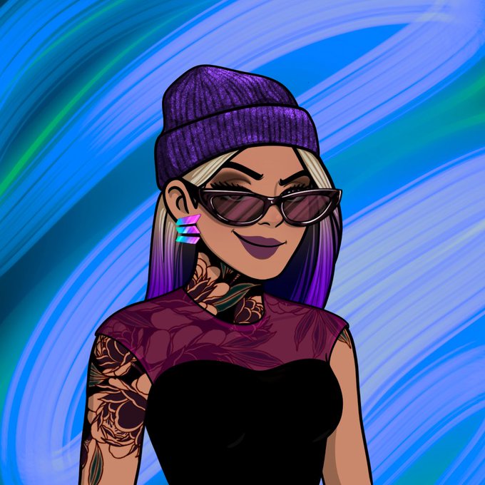 A digital illustration depicts a stylish woman with purple hair, a purple beanie, sunglasses, and tattoos against a swirling blue background.