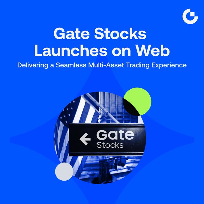 The image features a blue background with white text that reads "Gate Stocks Launches on Web" followed by an arrow pointing towards a sign that says "Gate Stocks". The sign also displays the words "Delivering a seamless multi-asset trading experience", which suggests that the platform is designed to provide a smooth and efficient trading experience for users.