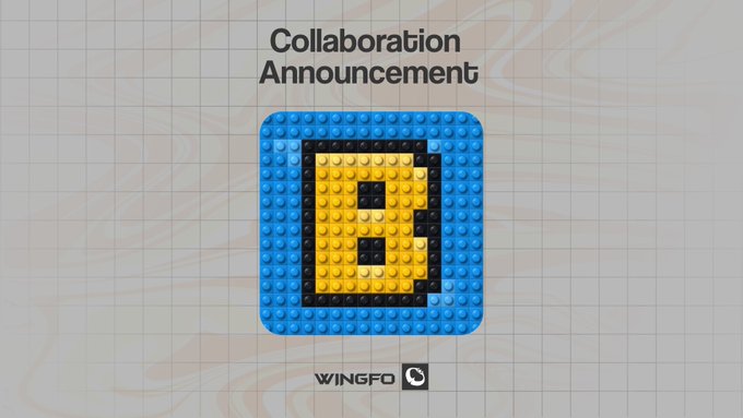 The image displays a "Collaboration Announcement" featuring a pixel-art "B" logo made of LEGO-style blocks in blue, yellow, and black, with the "WINGFO" branding at the bottom, visually promoting the joint BLOX NFT mint giveaway event between WINGFO and BLOX.