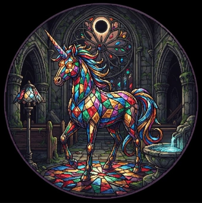 A stained-glass style illustration of a colorful unicorn standing in a gothic cathedral with an eclipse in the window above.