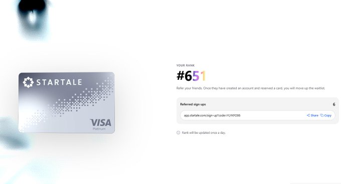A promotional page for a 'STARTALE' Visa Platinum card shows a user's rank at #651 with 6 referred sign-ups and a referral link.