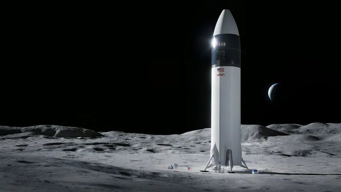A render of a SpaceX Starship rocket standing on the lunar surface with an American flag visible, Earth in the dark sky, and the sun reflecting off the rocket.