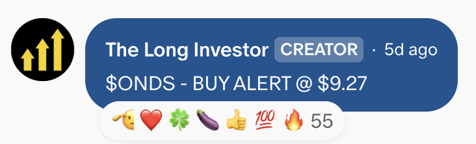 The image features a post with various emojis representing different stock symbols, such as "ONDS", "B", "$9.27", and others. The main focus of the image is a screenshot of an app interface containing text-based instructions for investors or users in stock trading. The background of the image is yellow and gray colors. A post on social media has been used to showcase different icons and emojis related to stocks, including one that indicates gain since May 2015 as another example in the post's content, which could provide valuable insights to the viewer on the subject matter.
