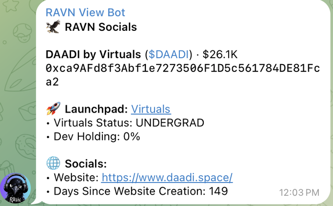 The image shows a Telegram bot message from RAVN View Bot displaying social information for the RAVN token by Virtuals, including a market cap of $26.1K, contract address, an Undergrad launchpad status, and a website (https://www.daadi.space/) that is 149 days old. This demonstrates the /info command functionality on @ravntoolsbot, which provides users with social media details and key metrics for Robinhood coins like $DAADI.
