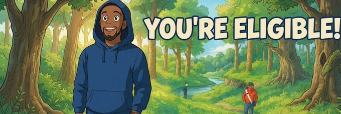 An animated illustration featuring a man in a blue hoodie in a forest setting with the text 'YOU'RE ELIGIBLE!' displayed prominently.