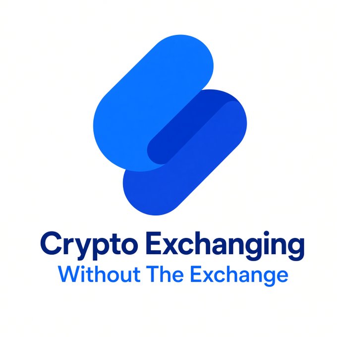 A logo for 'Crypto Exchanging' with the tagline 'Without The Exchange', featuring two overlapping blue pill-shaped icons.