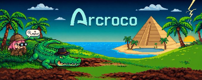A pixel art banner titled 'Arcroco' depicting a green crocodile wearing a bowler hat and a girl with pink hair, set in a tropical landscape with palm trees, a pyramid, and ocean.
