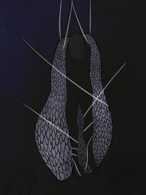 A dark digital illustration of a featureless humanoid figure with large, scaled wings bound by metallic chains against a black background.