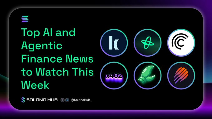 A promotional graphic titled 'Top AI and Agentic Finance News to Watch This Week' by SolanaHub (@SolanaHub_), featuring six circular icons representing crypto/AI projects including what appears to be Solana, Asteroid, and others.