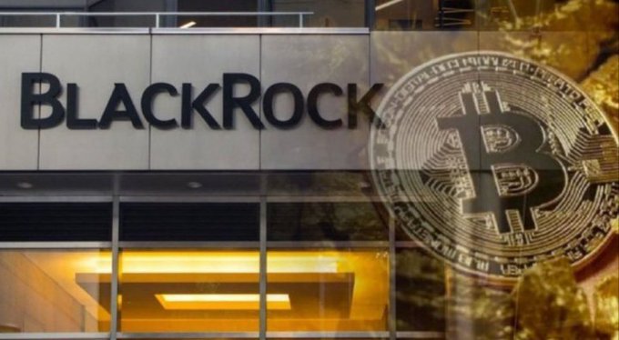 BlackRock's corporate signage is overlaid with an image of a physical Bitcoin, symbolizing the asset manager's prominent role in the institutional Bitcoin ETF market, as highlighted by the accompanying post noting nearly $1 billion in weekly Bitcoin ETF inflows and renewed institutional demand for BTC.