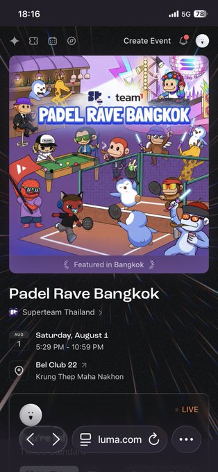 A mobile phone screenshot showing an event page for 'PADEL RAVE BANGKOK' featuring colorful cartoon characters playing padel, scheduled for Saturday, August 1, 2026, at Bel club 22.