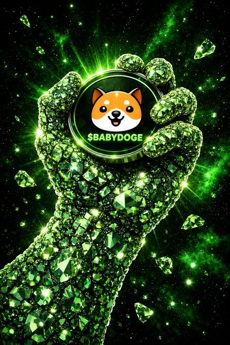 A crystal hand made of green gemstones holds a coin featuring a Shiba Inu dog with the text "$BABYDOGE," set against a glowing cosmic green background—visually reinforcing the post's declaration that this is the year of $BABYDOGE.