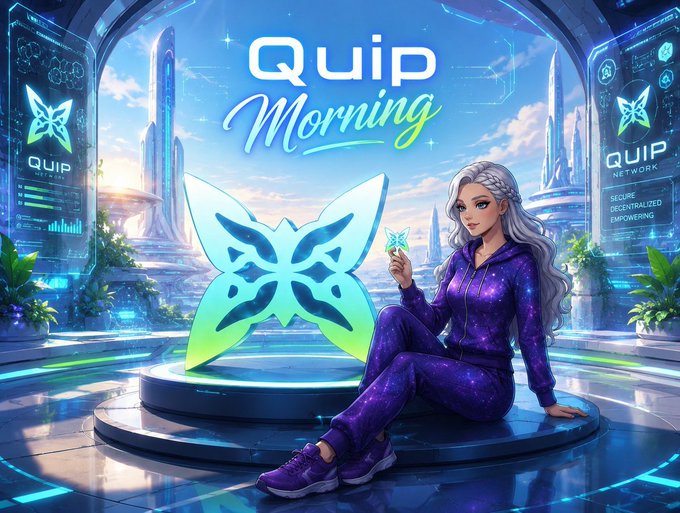 A silver-haired woman in a purple galaxy-patterned tracksuit sits on a futuristic platform holding a small glowing butterfly token, with a large iridescent butterfly emblem and the text "Quip Morning" displayed prominently against a sci-fi cityscape backdrop featuring "Quip Network" branding and "Secure Decentralized Empowering" messaging. The image visually reinforces the post's message about Quip actively building quantum infrastructure rather than just discussing it, with the ethereal butterfly symbolizing the blend of nature and advanced technology that defines the project.